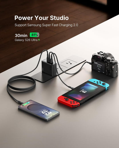 INIU 100W Cargador Tipo C, 3-Puertos Laptop Cargador Rápido con 1.5m Cable | 30% Más Pequeño, Plegable, Tecnología GaN, Cargador de Viaje para MacBook Pro, iPad, iPhone 17 16, Samsung S26, Switch etc