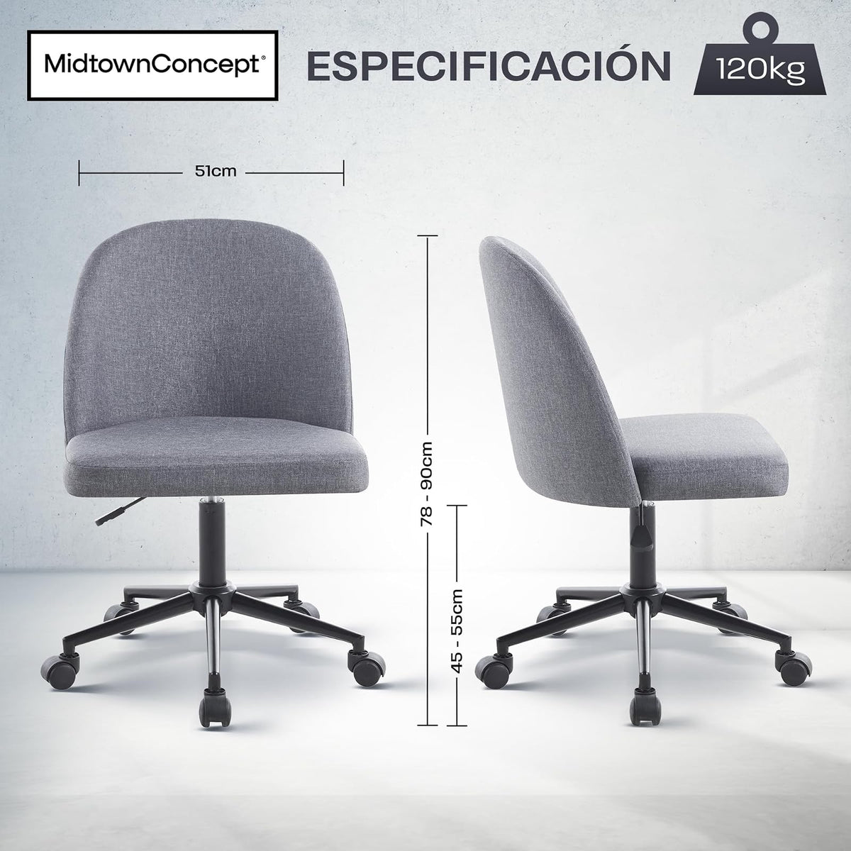 Silla de Oficina y Escritorio Ejecutiva, Ergonomica, con Tapizado de Tela Color Gris, con Ruedas