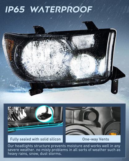 Nilight Headlight Assembly for 2007 2008 2009 2010 2011 2012 2013 Toyota Tundra 2008-2017 Sequoia Headlamps Replacement Black Housing Amber Reflector Driver and Passenger Side