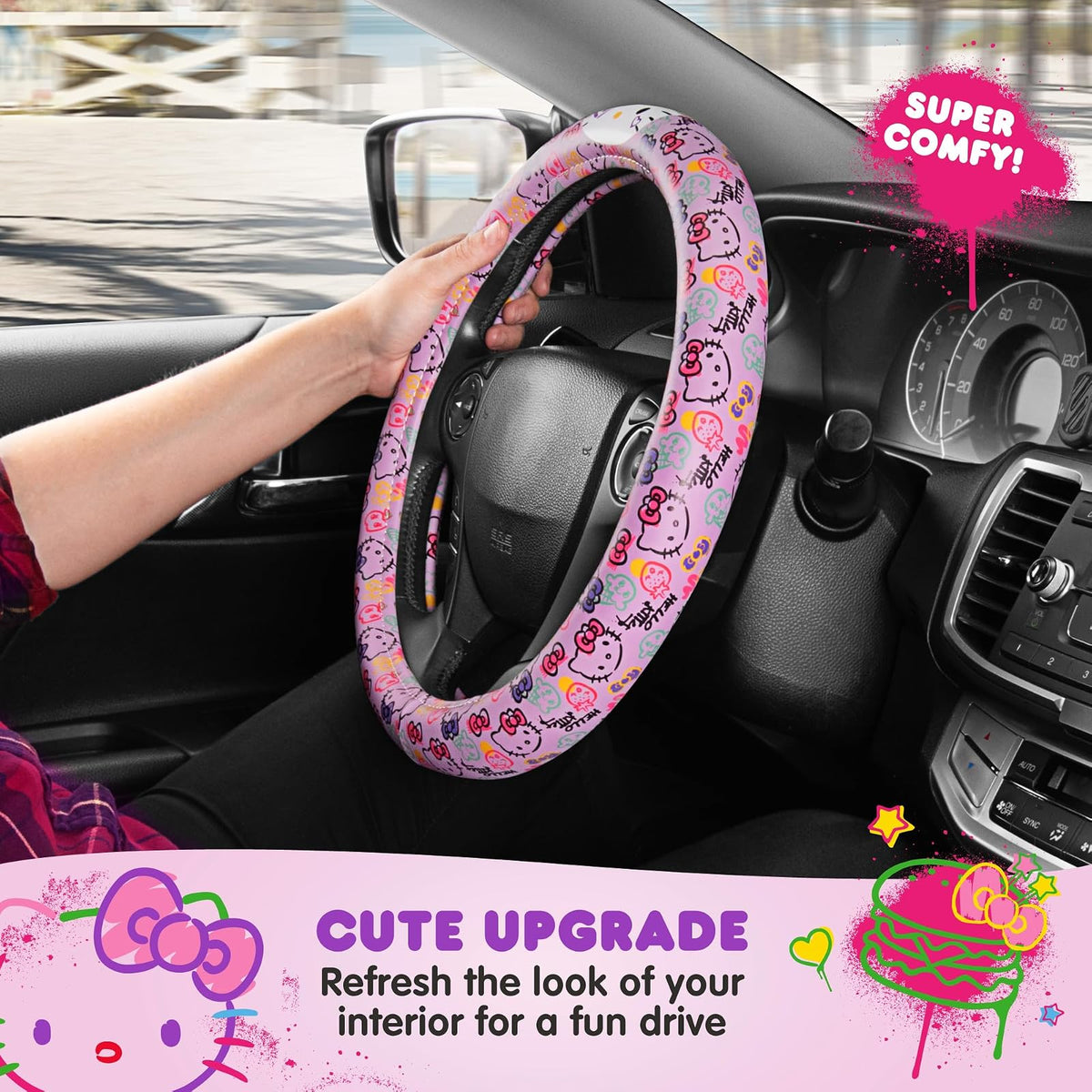 Carbella Hello Kitty - Funda Oficial para Volante de Automóvil Sanrio con tamaño Universal 14.5-15.5, Bonita Funda para Volante para Mujer, Accesorios de Automóvil Hello Kitty (impresión de Lavanda)