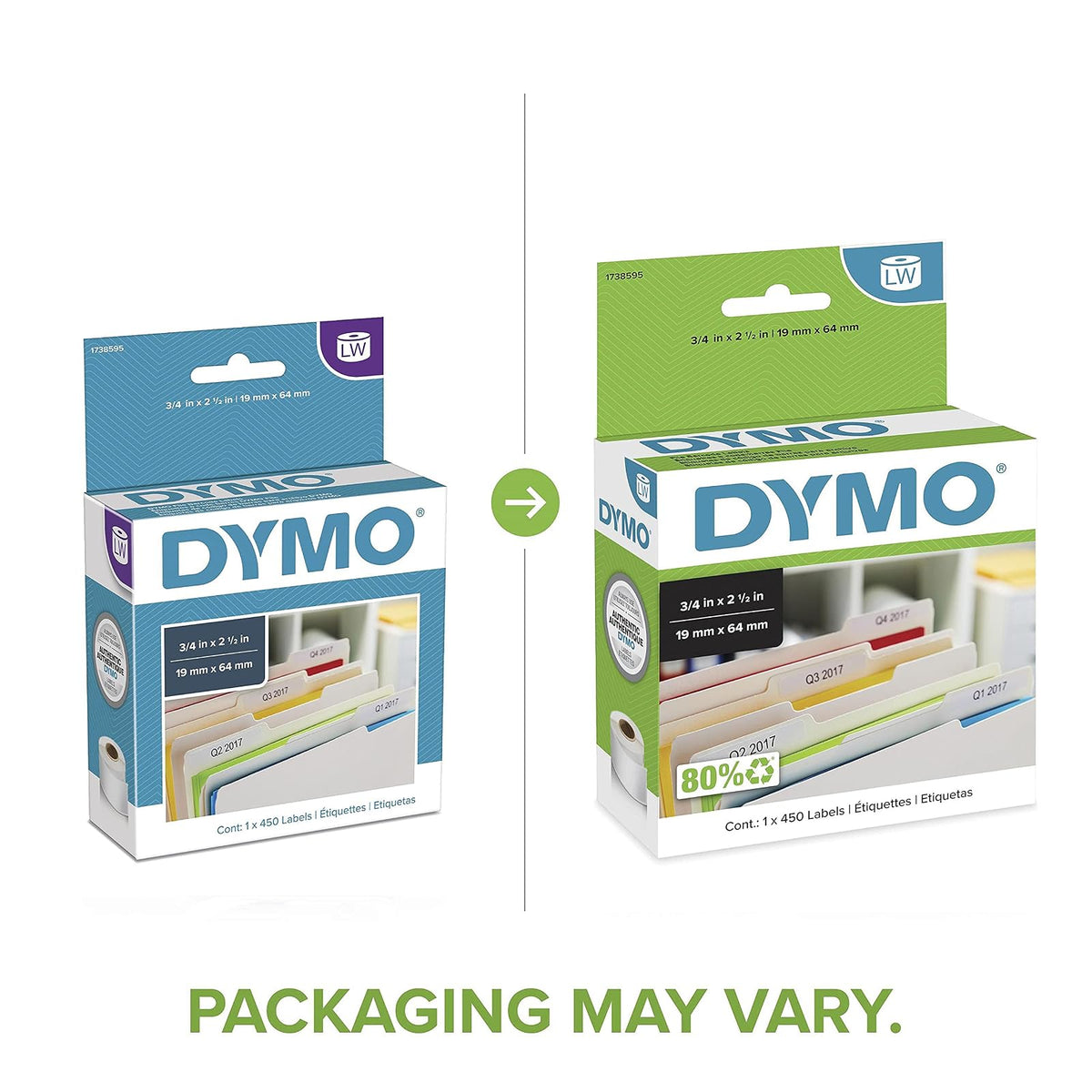 DYMO LW 1-Up etiquetas de carpeta de archivos para impresoras de etiquetas LabelWriter, blanco, 9/16 pulgadas x 3-7/16 pulgadas, 2 rollos de 130 (30327), Blanco, 3/4'' x 2 1/2''