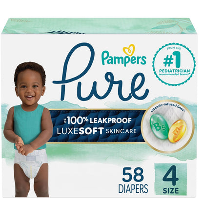 Pañales tamaño 4, 58 unidades – Pampers Pure Protection Pañales desechables para bebé, protección hipoalergénica y sin perfume, paquete super (el embalaje y las impresiones pueden variar)