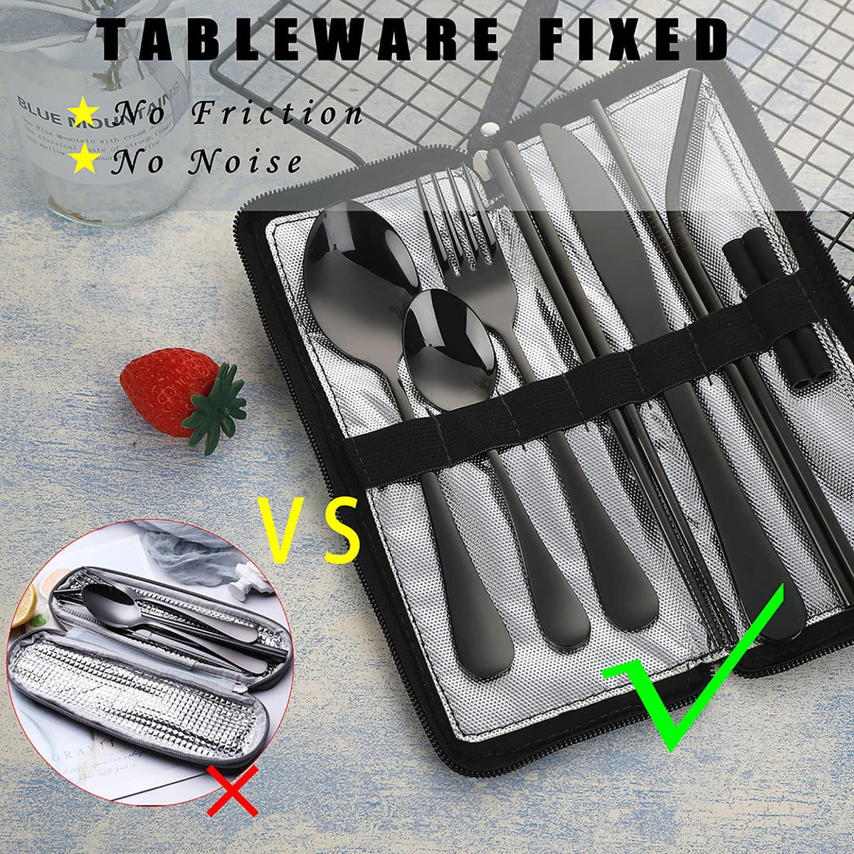 Utensilios De Viaje Portátil, Cubiertos Reutilizables Con Funda Para Fijar La Vajilla, 9 Piezas De Acero Inoxidable Estable Juego De Cubiertos Para Camping Picnic (Conjunto negro)