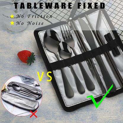 Utensilios De Viaje Portátil, Cubiertos Reutilizables Con Funda Para Fijar La Vajilla, 9 Piezas De Acero Inoxidable Estable Juego De Cubiertos Para Camping Picnic (Conjunto negro)