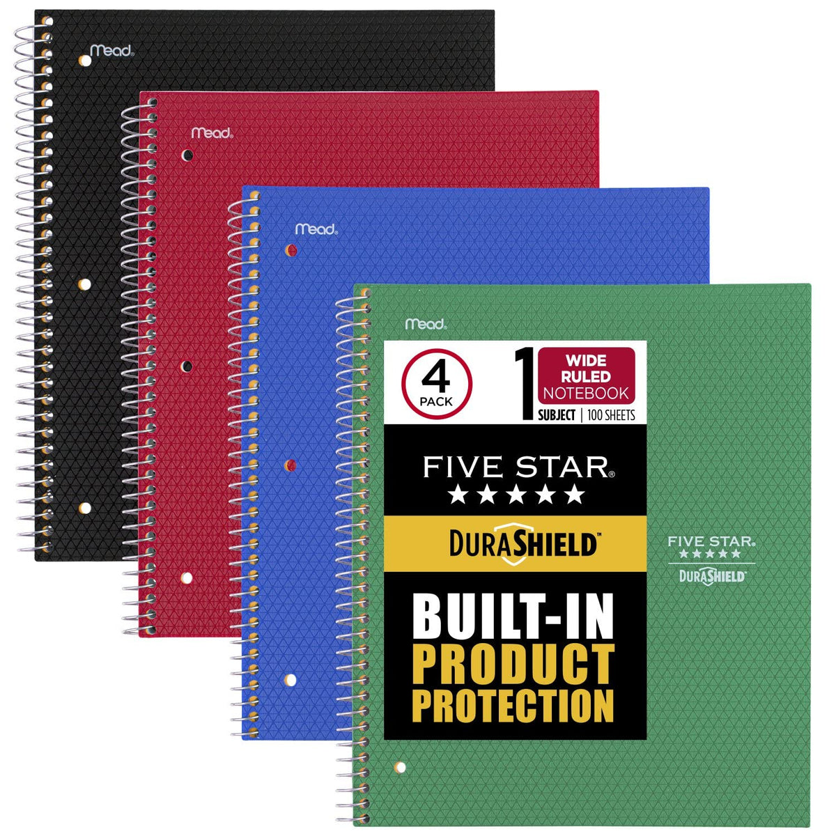 Five Star DuraShield - Cuadernos de 4 unidades, 1 tema, papel de rayas anchas, 10-1/2 x 8 pulgadas, 100 hojas, negro, rojo, verde eléctrico, azul cobalto (930021)