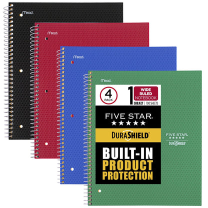 Five Star DuraShield - Cuadernos de 4 unidades, 1 tema, papel de rayas anchas, 10-1/2 x 8 pulgadas, 100 hojas, negro, rojo, verde eléctrico, azul cobalto (930021)