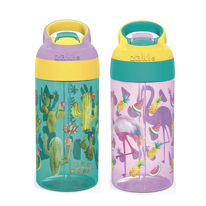 Zak Designs Riverside Desert Life - Botella de agua para niños de 16 onzas con popote y lazo de transporte integrado, hecha de plástico duradero, diseño a prueba de fugas para viajes, juego de 2 unidades