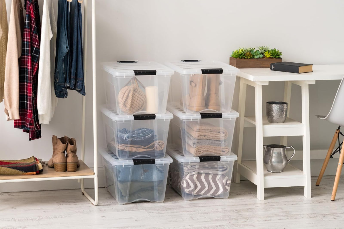 IRIS USA 6 Contenedores de 32 Qt con Tapa, Transparentes | Diseño transparente para ver el contenido fácilmente. Ideal para ropa de cama, decoración y clóset. Diseño anidable.