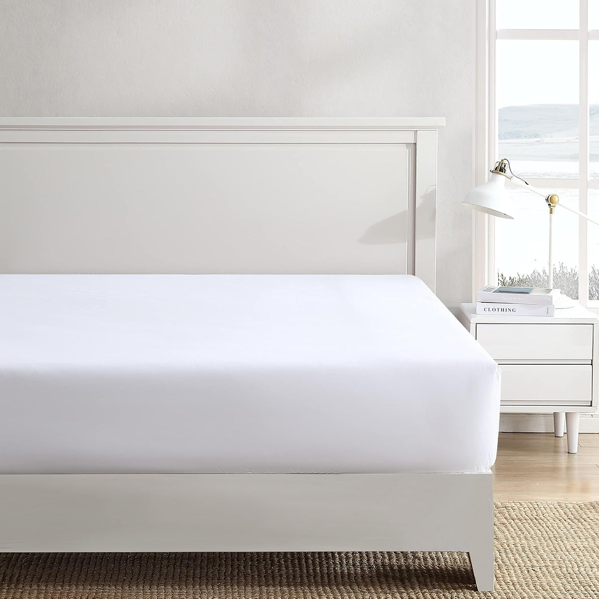 Nautica - Sábana Bajera Ajustable Individual, Ropa de Cama de percal de algodón, decoración Casual para el hogar (Blanco sólido, Individual)