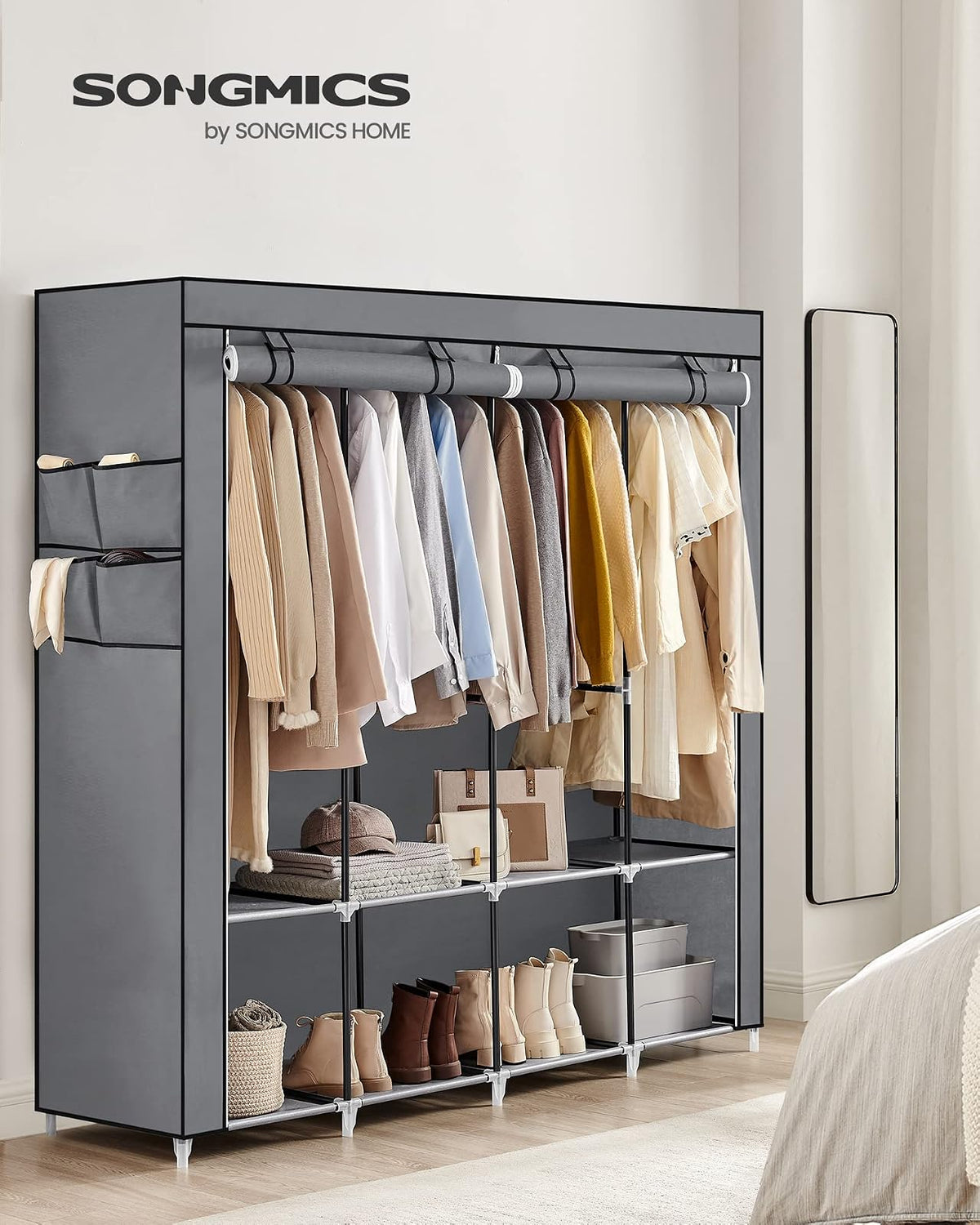 SONGMICS - Organizador portátil para clóset con Cubierta, 4 Varillas y estantes, 4 Bolsillos Laterales, 66.9 x 17.7 x 65.7 Pulgadas, Gran Capacidad para recámara, Sala de Estar, Gris URYG094G02