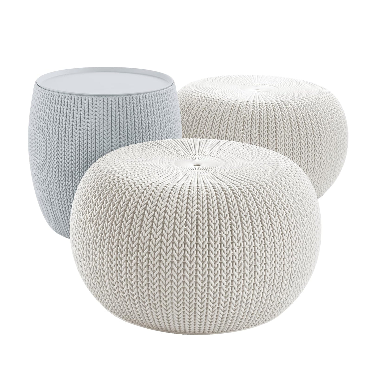 Keter Urban Knit Juego de 2 Puf Otomano con Mesa de Almacenamiento - gris & blanco