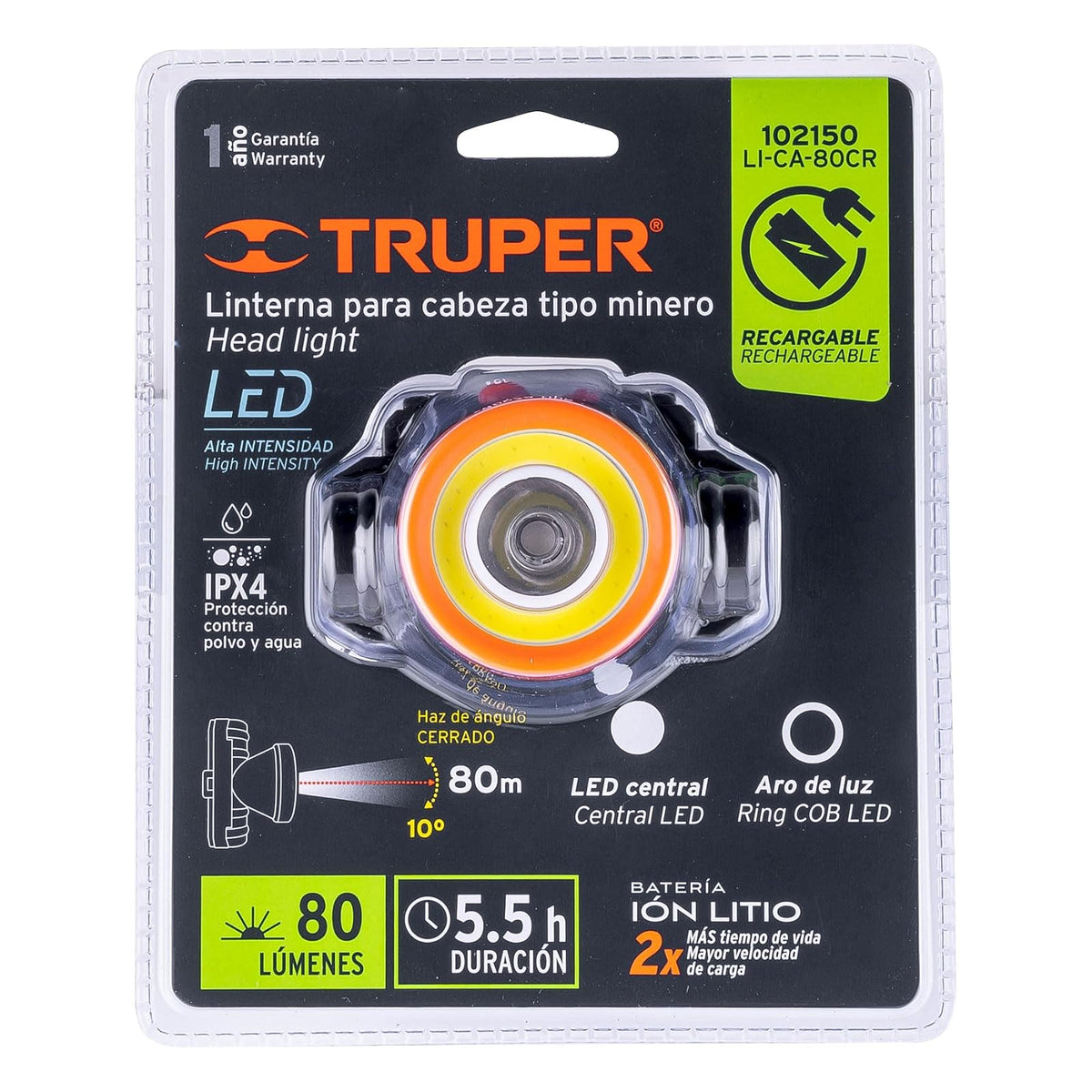 Truper LI-CA-80CR, Linterna de minero LED/COB 80 lm recargable