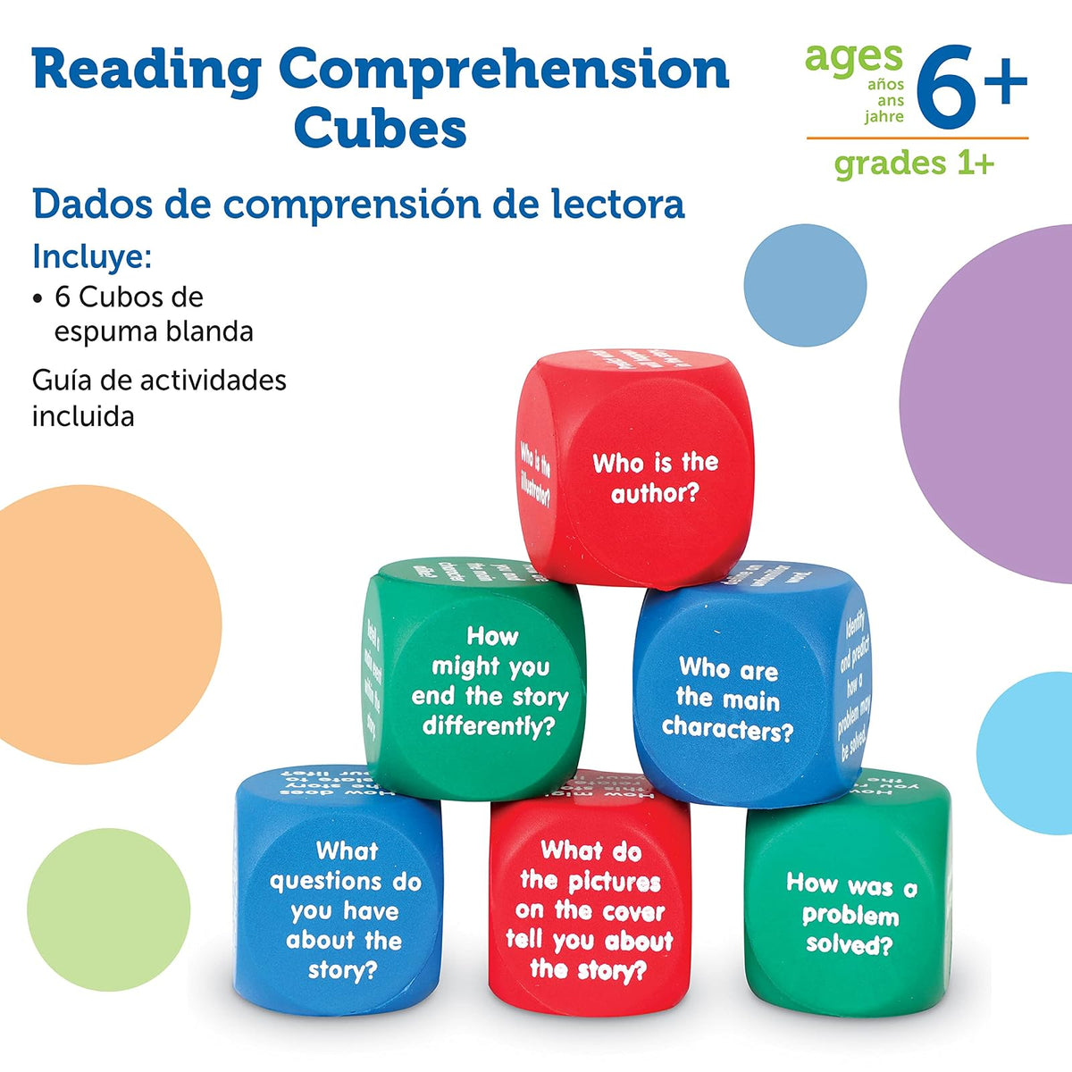 Learning Resources Reading Comprehension Cubes - 6 Piezas, Edades 6+ años Ingles para Niños, Material Didactico para Niños en Ingles