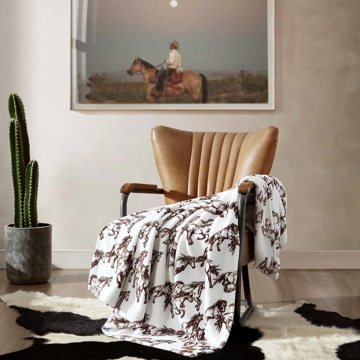 Wrangler - Manta de Forro Polar de Felpa Suave, Inspirada en Yellowstone, decoración Occidental para Cama o sofá (café mostangs, 50 x 70 Pulgadas)