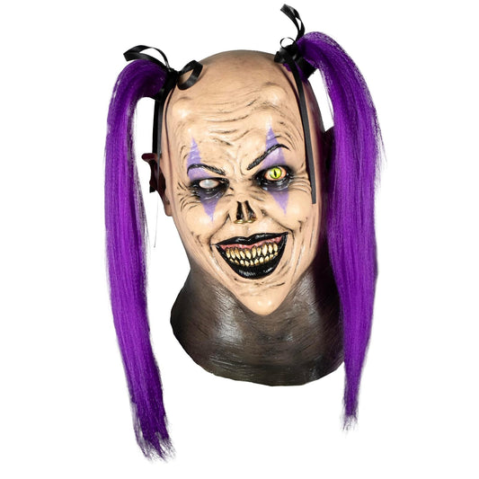 Ghoulish Productions Máscara Jezebel Lady Clown con Cuello de Látex – Payasa de Terror Realista con Cabello Morado y Maquillaje Desgastado – Pintada a Mano para Halloween, Disfraces y Coleccionistas
