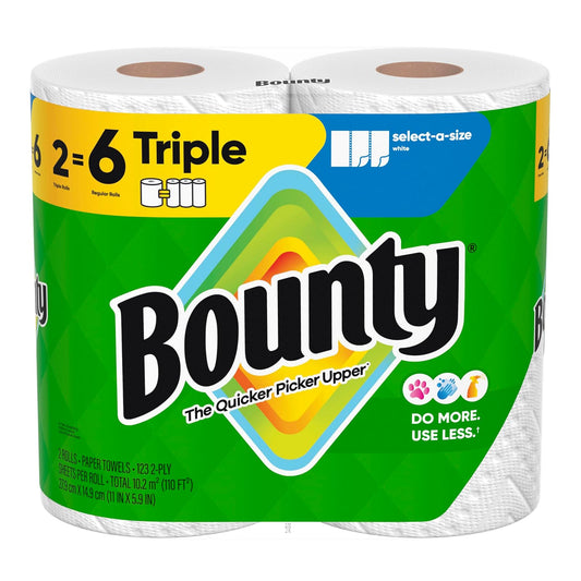 Bounty - Toallas de Papel Select A Size, 2 Rollos Triples, 123 Hojas por Rollo, Hojas Ajustables, Súper Absorbentes, Textura Diamante, Limpieza Rápida y Duradera