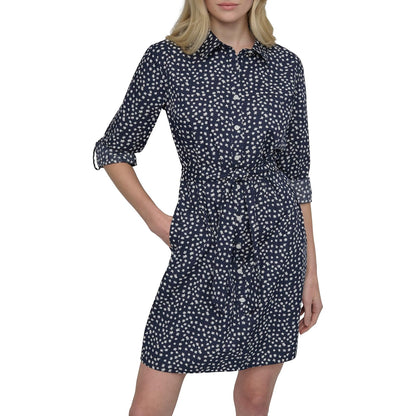 DKNY Long Sleeve Collar Neck Tie Waist Belt Mini Dress Vestido Mujer