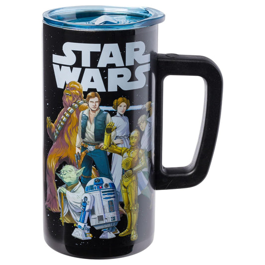 Silver Buffalo Star Wars con Luke Skywalker, Princess Leia, Hans Solo, Chewbacca, Yoda, R2-D2 y C-3PO Taza de viaje de acero inoxidable de doble pared con asa, 15 onzas