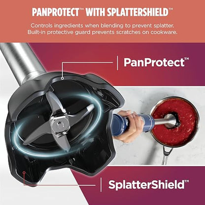 Licuadora y batidor de inmersión ninja con barra de mano, 4 velocidades, con SplatterShield y PanProtect, recipiente de mezcla de 4 tazas, apto para lavaplatos, cable de 5 pies, ergonómico, azul