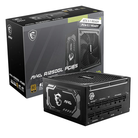 MSI mag 1250GL PCIE 5 Fuente de alimentación - ATX 3.1 y PCIE 5.1 Ready - Full Modular - 80 Plus Gold Certified 1250W - Tamaño Compacto - ATX PSU