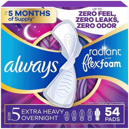 Always Radiant Feminine Pads for Women, Size 5, Extra Heavy Overnight, with Wings, Scented, 18 Count, Pack of 3 (54 Count Total)