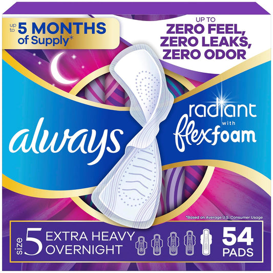 Always Radiant Feminine Pads for Women, Size 5, Extra Heavy Overnight, with Wings, Scented, 18 Count, Pack of 3 (54 Count Total)