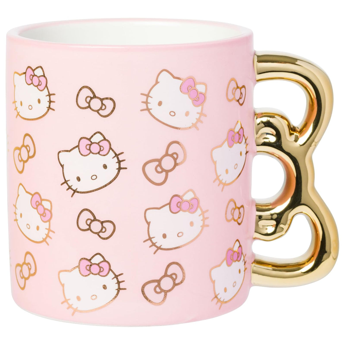Silver Buffalo Hello Kitty - Taza de cerámica con diseño de caras y lazos dorados y rosados, 20 onzas