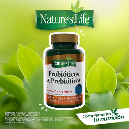 Nature's Life - Probióticos y Prebióticos Vitamina C y Arándano 30 Cápsulas | 415 millones UFC, Lactobacillus acidophilus, inulina, avena sativa, sin conservadores ni azúcar añadida, 1 cápsula al día