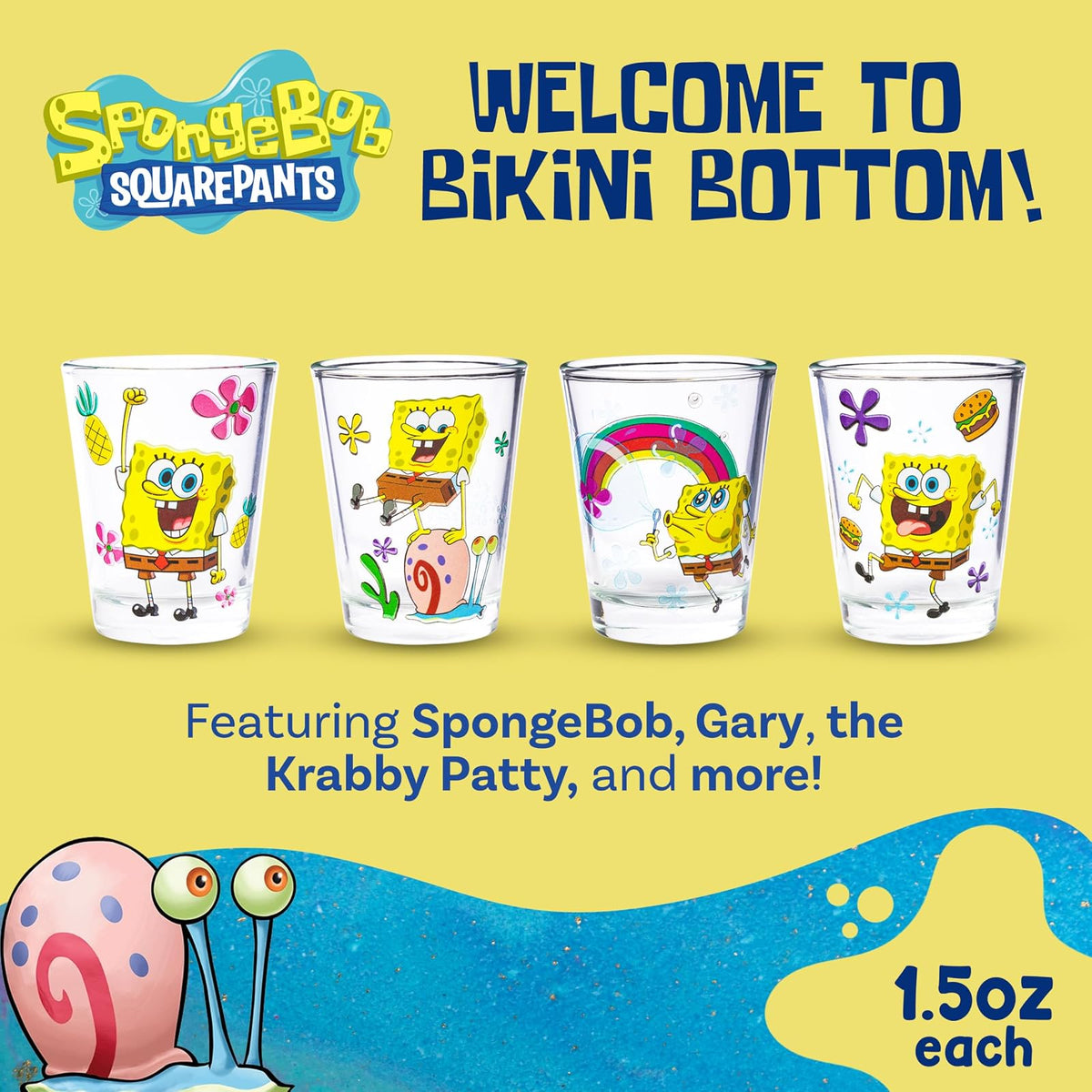 Silver Buffalo SpongeBob - Pantalones cuadrados con Gary Poses Floral Krabby Patty Paquete de 4 mini, juego de vidrio, 1.5 onzas