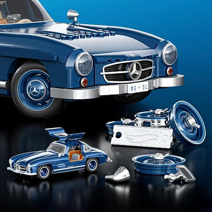Hot Wheels Brick Shop Juguete de Construcción Mercedes-Benz 300 SL 1:12 | Edición 70 Aniversario; piezas metálicas, placa de colección y auto de metal con vitrina