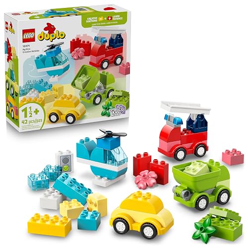 LEGO Duplo Mi Primer Vehículos Creativos – Juguete de Aprendizaje – Auto, Helicóptero, Camión y Camión de Bomberos Que se Convierten en Más Vehículos – Desde 18 Meses – 10474