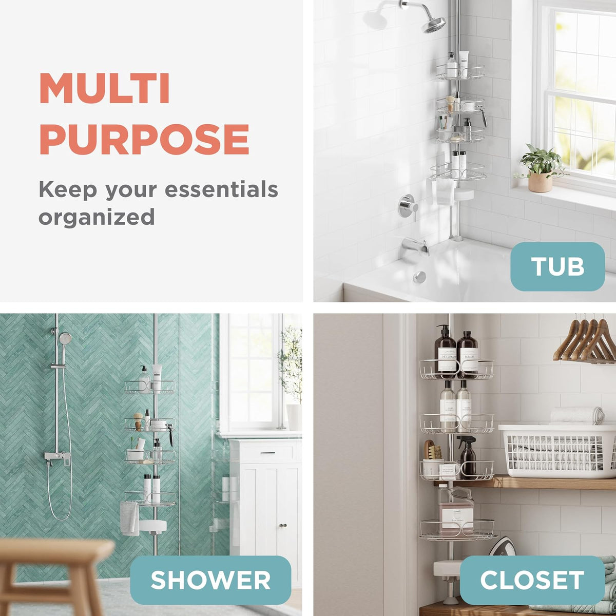 Zenna Home - Organizador de Esquina para Ducha con Poste de tensión, Organizador Ajustable para Ducha de pie con 4 estantes, Organizador de Barra de tensión de baño, de 60 a 108 Pulgadas, Acero