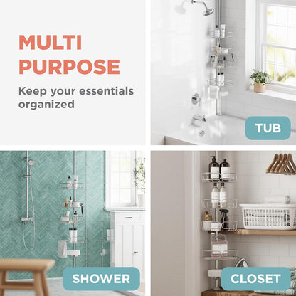 Zenna Home - Organizador de Esquina para Ducha con Poste de tensión, Organizador Ajustable para Ducha de pie con 4 estantes, Organizador de Barra de tensión de baño, de 60 a 108 Pulgadas, Acero