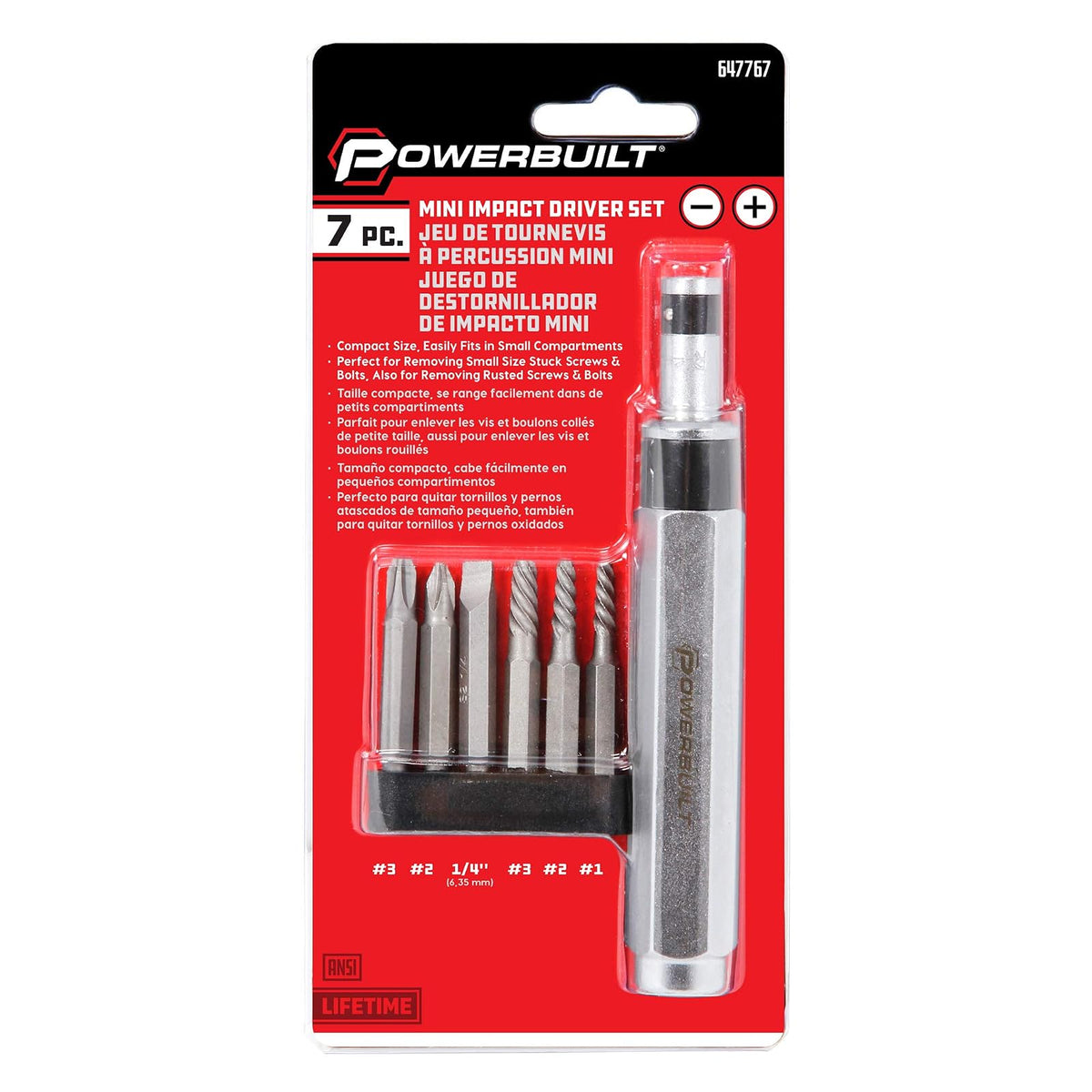 Powerbuilt 647767 - Juego de herramientas extractoras de impacto de 1/4 pulgadas, para quitar tornillos oxidados y dañados, mango de golpe con un martillo para crear un par de torsión cargado por