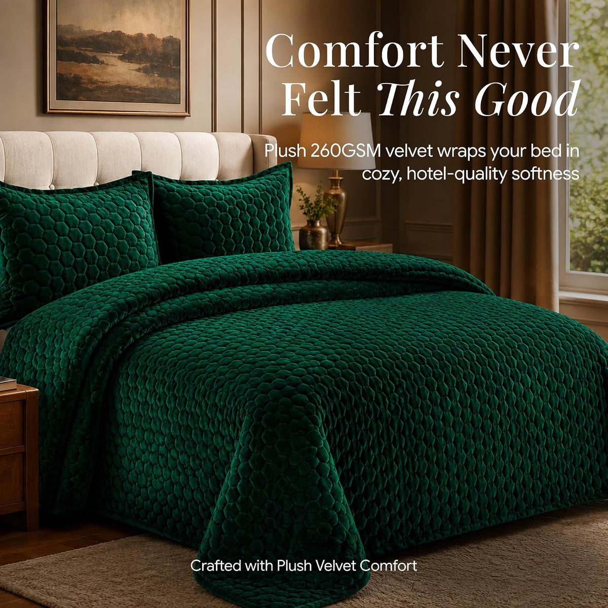 Tribeca Living - Juego de edredón de Terciopelo para Cama de 3 Piezas Lugano con Punto de Panal, Terciopelo súper Suave de 260 g/m², edredón de Gran tamaño y Dos Fundas de Almohada, Color Verde