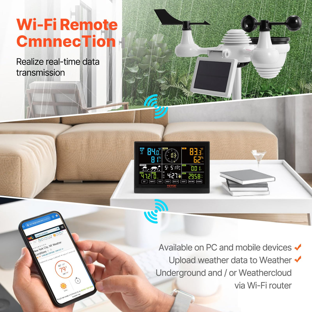 VEVOR YT60234 - Estación meteorológica WiFi 7 en 1, estaciones meteorológicas WiFi para interiores y exteriores, visualización a color de 7.5 pulgadas para pronósticos meteorológicos, temperatura,