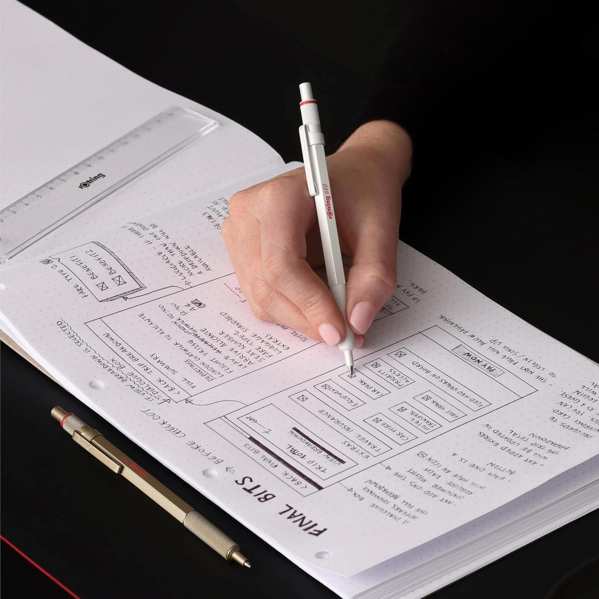 Rotring 600 bolígrafos metálicos de punta media, tinta negra, barril blanco perla recargable, 1 unidad