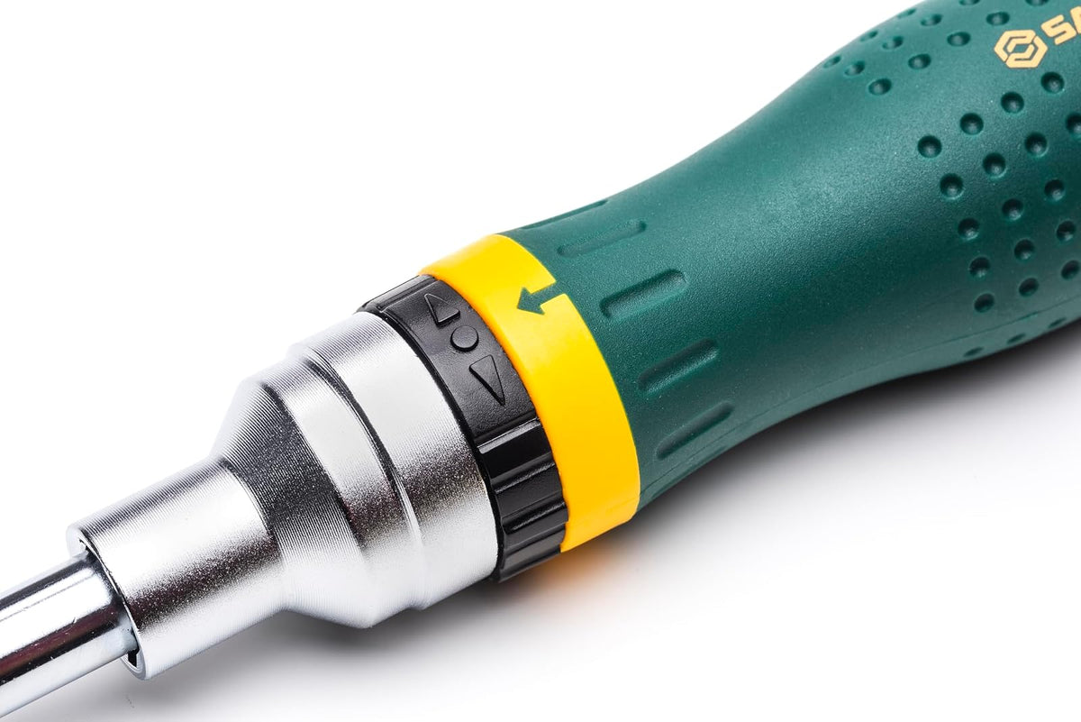 SATA ST09350 - Juego de destornilladores de carraca multiusos 19 en 1 con 8 puntas de doble cara y un mango resistente al aceite verde y amarillo