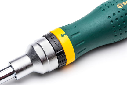 SATA ST09350 - Juego de destornilladores de carraca multiusos 19 en 1 con 8 puntas de doble cara y un mango resistente al aceite verde y amarillo