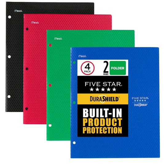 Five Star DuraShield - Carpetas de plástico antimicrobianas de 2 bolsillos, paquete de 4, capacidad para 11 x 8-1/2 pulgadas, el color puede variar (330010)