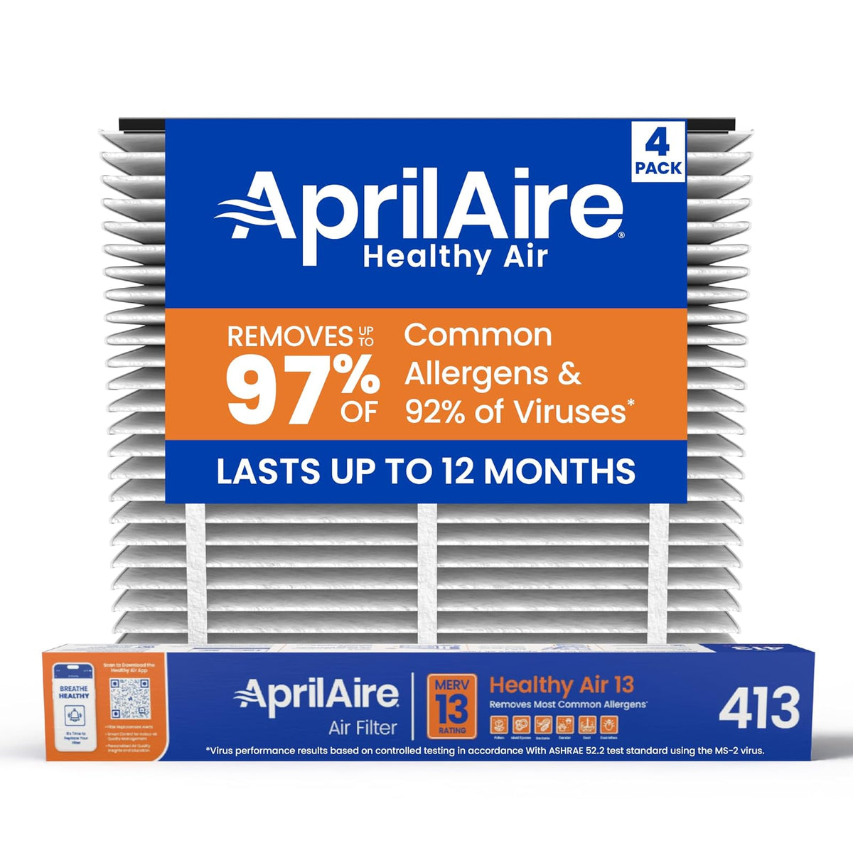 Aprilaire 413 - Filtro de aire de repuesto para purificadores de aire Aprilaire para todo el hogar, MERV 13, filtro de horno de alergia saludable para el hogar (paquete de 4)