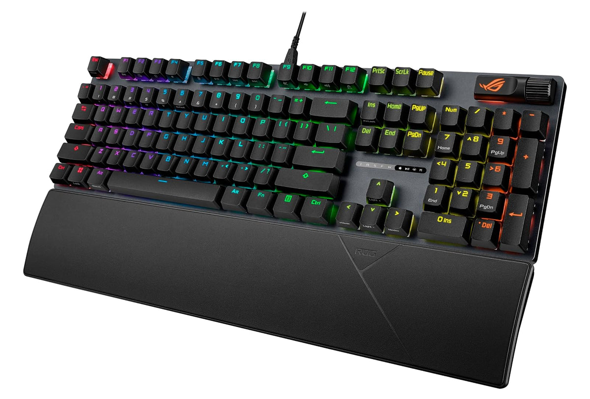 ASUS ROG Strix Scope II X Teclado Gaming, NX Snow V2, PBT, RGB | Teclado gaming con switches ROG NX Snow V2 hot-swap, teclas PBT, espuma acústica, controles multifunción y reposamuñecas.