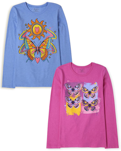 The Children's Place Camiseta Gráfica Manga Larga Niña, Paquete de 2 - Mariposa y sol - mariposas - XXL