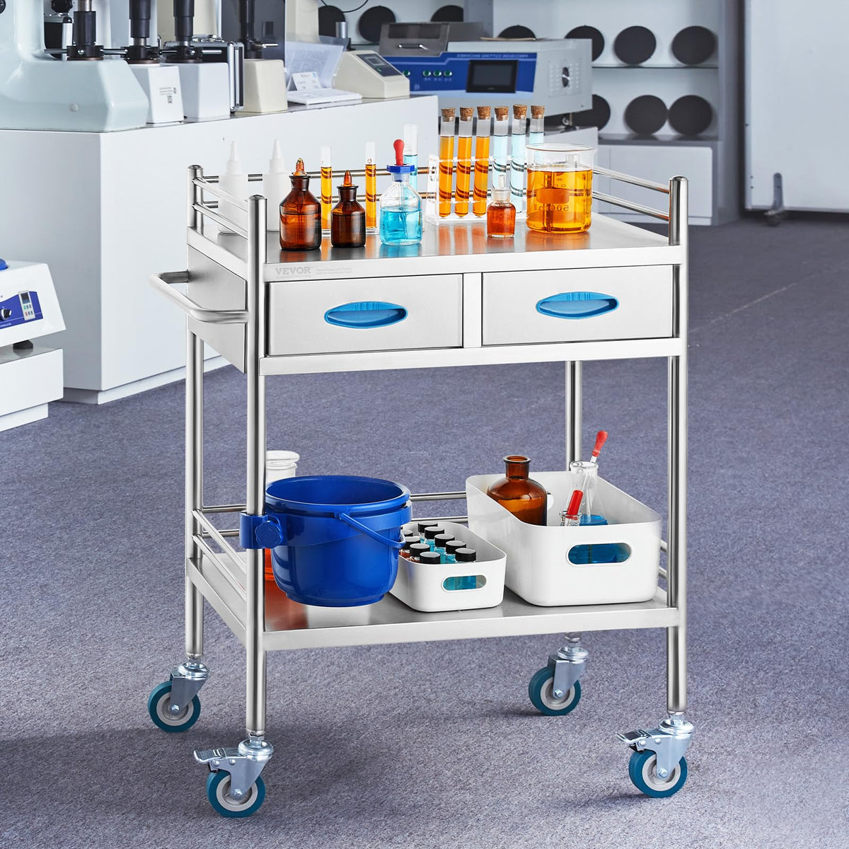 VEVOR Carro de Laboratorio de Acero Inoxidable, Carro Médico 2 Capas 2 Cajones, Carga 100 kg con Ruedas Bloqueables y Cubo, para Laboratorio Salón Hospital, Uso Dental, Plata, 594 x 388 x 855 mm