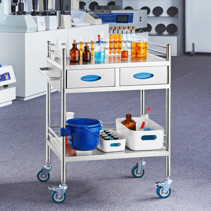 VEVOR Carro de Laboratorio de Acero Inoxidable, Carro Médico 2 Capas 2 Cajones, Carga 100 kg con Ruedas Bloqueables y Cubo, para Laboratorio Salón Hospital, Uso Dental, Plata, 594 x 388 x 855 mm