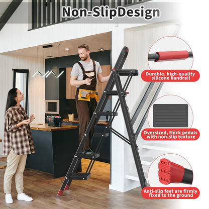 Escalera plegable de 5 escalones con bandeja de herramientas multifuncional, escaleras de plataforma, taburetes, taburete plegable de 5 escalones con pedales antideslizantes, capacidad de carga de 800