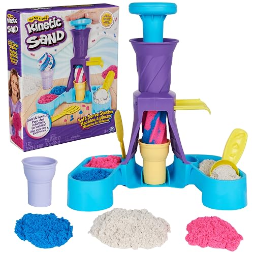 Kinetic Sand, juego de helados suaves con 396 g de arena (azul, rosa y blanca), 2 conos de helado y 2 herramientas, juguetes sensoriales para niños a partir de 5 años