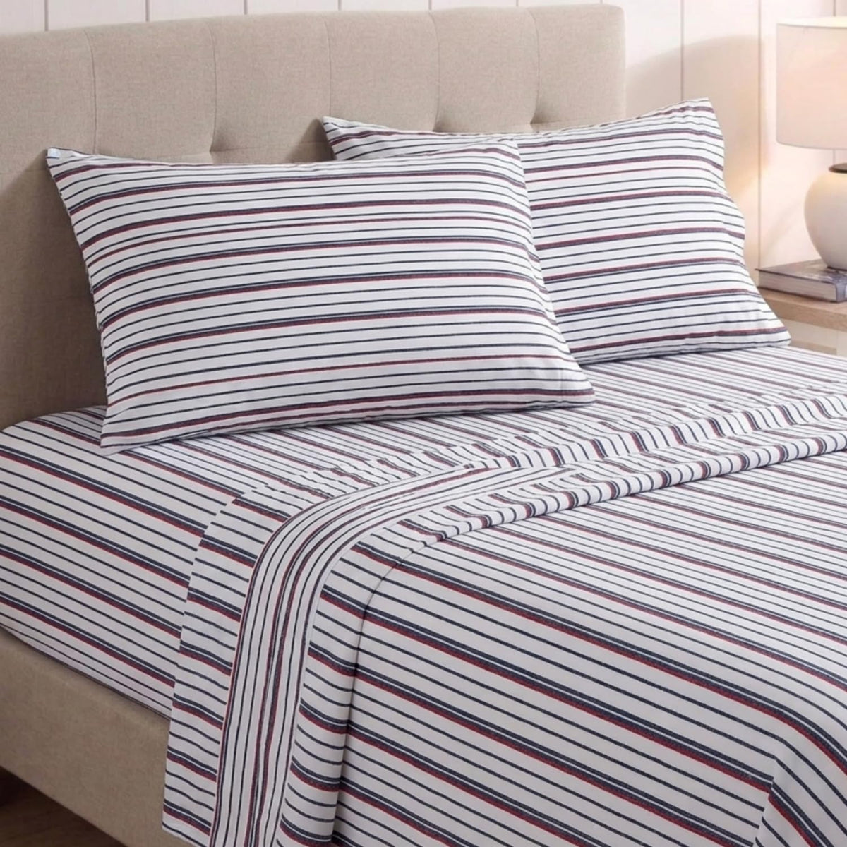 Nautica - Juego de sábanas de algodón percal para Cama Individual o Individual XL, con Funda de Almohada a Juego, crujiente y Fresco, Totalmente elástico, Esenciales para recámara (Avery Stripe Navy)