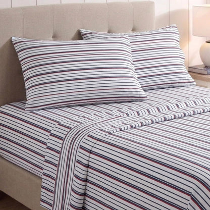 Nautica - Juego de sábanas de algodón percal para Cama Individual o Individual XL, con Funda de Almohada a Juego, crujiente y Fresco, Totalmente elástico, Esenciales para recámara (Avery Stripe Navy)