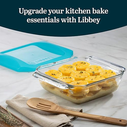 Libbey Baker's Premium - Juego de 2 platos de vidrio para hornear de 8 x 8 pulgadas con tapas, utensilios apilables con asas GreatGrip, platos cuadrados cubiertos duraderos